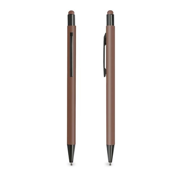 Esferográfica em alumínio, com acabamento em borracha e touch Fabir