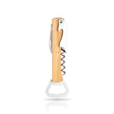Saca-rolhas em bambu e aço inox, c/ abre-cápsulas e canivete Bamboo Opknife