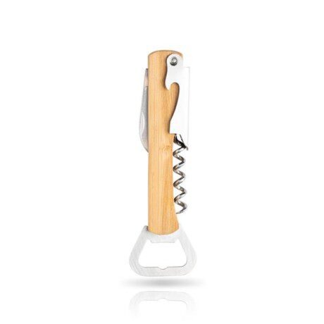 Saca-rolhas em bambu e aço inox, c/ abre-cápsulas e canivete Bamboo Opknife