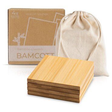 Set de 4 bases de bambu para copos, com bolsa em algodão Bamcott